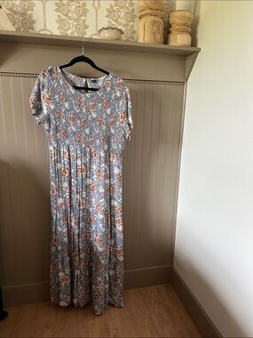 Floral Smocked Maxi Dress in Dusty Blue and Rust